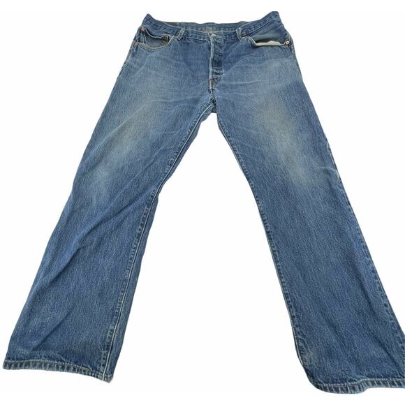 Levis 501 Jeans 40x32 (36x30) Blue Button Fly Straight Distress Hem Can Imprint - Picture 1 of 9